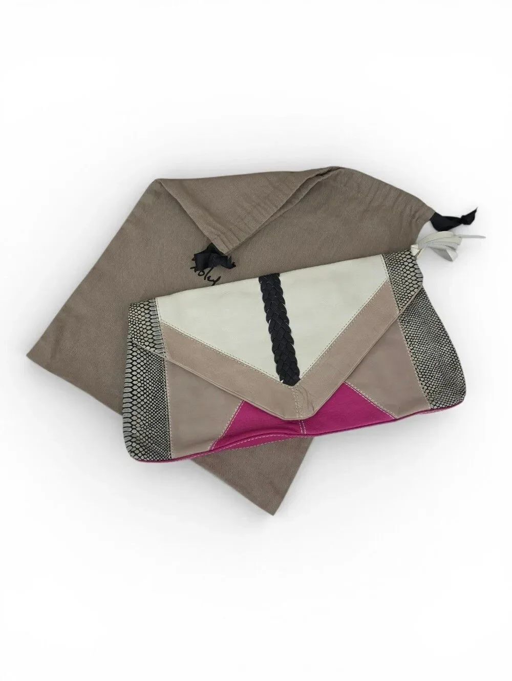 Foley & Corinna Colorblock Leather Clutch Bag in Cream Taupe Fuchsia Snakeskin